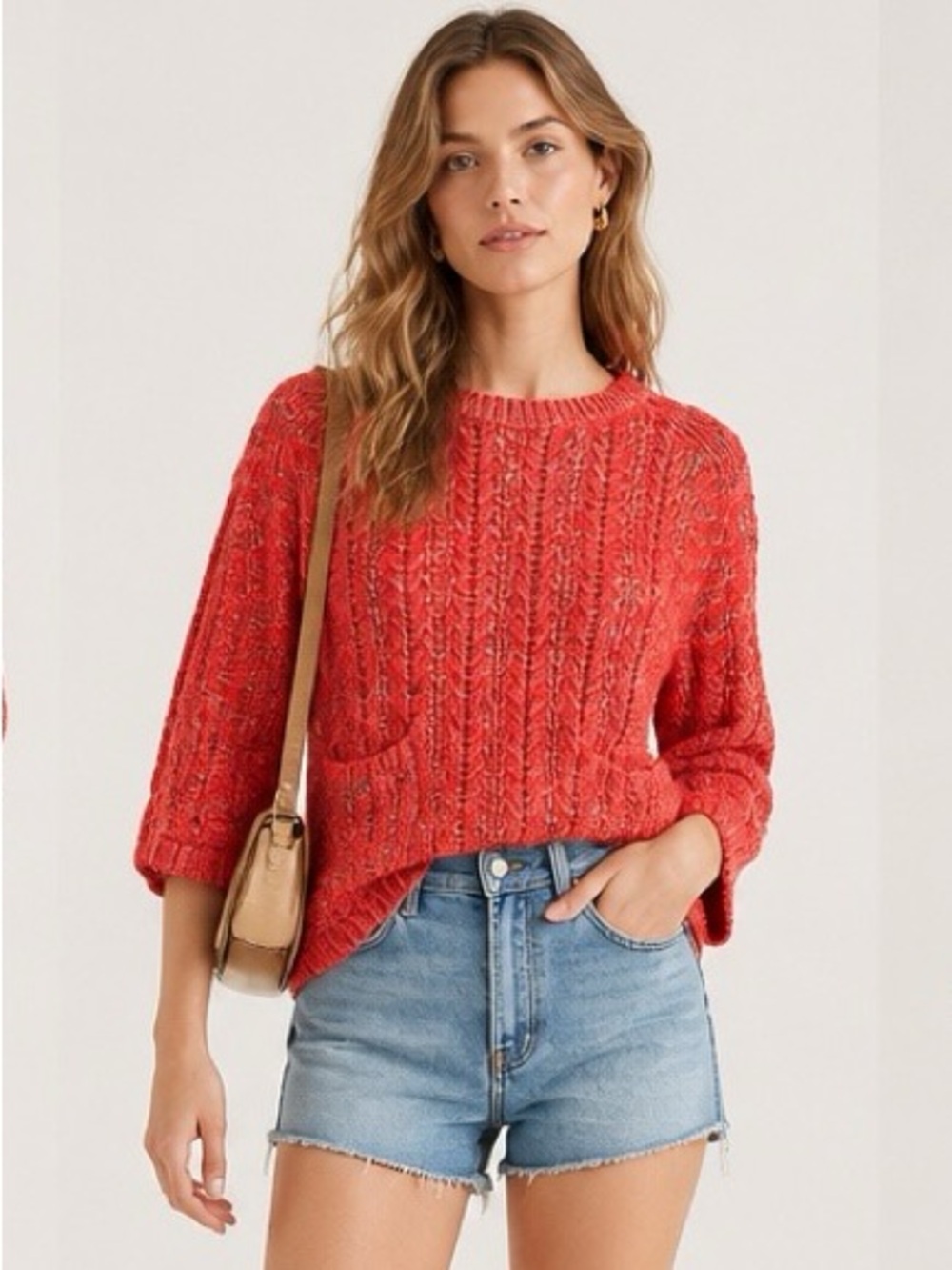 Moth Coral Textured Crewneck Sweater with Patch Pockets